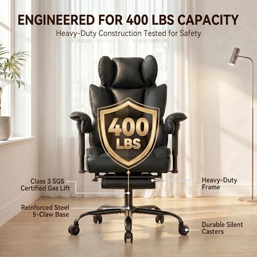 Big and Tall Gaming Office Chair 400lbs - Heavy Duty Ergonomic Computer Desk Chair with Footrest, Adjustable Armrests, High Back PU Leather with Racing Style (Black)