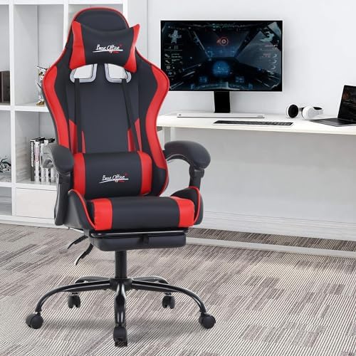 PayLessHere Ergonomic Racing Desk Chair Computer Chair Gaming Chair with Footrest Lumbar Support Headrest Armrest Task Rolling Swivel Ergonomic E-Sports Adjustable PC Gamer Chair (Red)