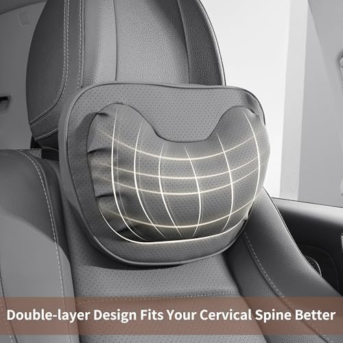 Car Neck Pillow [No More Pressure] Soft Comfortable Premium Leather Headrest with Adjustable Strap – Ergonomic Support for Driving, Office & Gaming, Gray, 2 Pack
