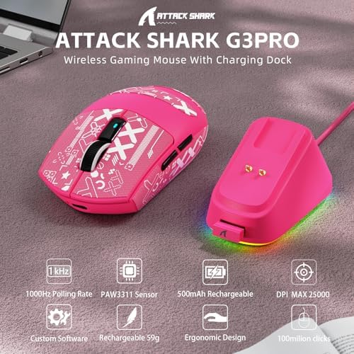 ATTACK SHARK G3 PRO Tri-Mode Wireless Gaming Mouse with RGB Charging Dock