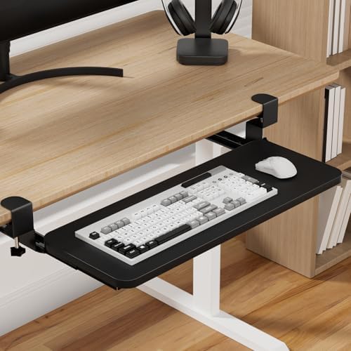 diowewea No-Drill Under-Desk Keyboard Tray, Tray with Adjustable C Clamp, Drawer Desk Extender, Pull Out Keyboard Holder, Black Black