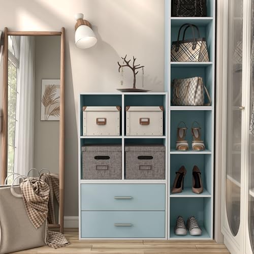 Homes: Inside + Out Apexa 4-Cube Storage Organizer Shelves, Stackable Wood Bookcase Fits Cubby Bins for Organization, Dorm Teen Room Decor & Home Office, Light Blue