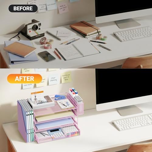 4-Tier Desk File Organizer with Drawer & Pen Holder (Pink)