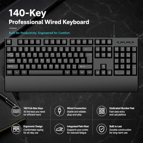 Wired Office Keyboard, Full Size 104 Key USB Computer Keyboard