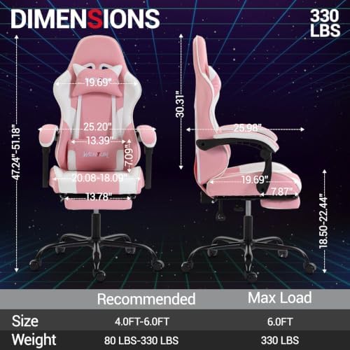 Gaming Chair with Footrest for Adults, PU Leather Video Game Chair with Massage Lumbar Support for Men Women, Ergonomic Computer Gamer Chair for Home Office, Height Adjustable, Pink