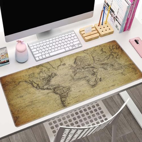 Gaming Mouse Pad Large, Keyboard Mouse Mat Desk Pad, Non-Slip Rubber Base with Stitched Edges Mousepad, 31.5X11.8 inch Vintage Retro World Map