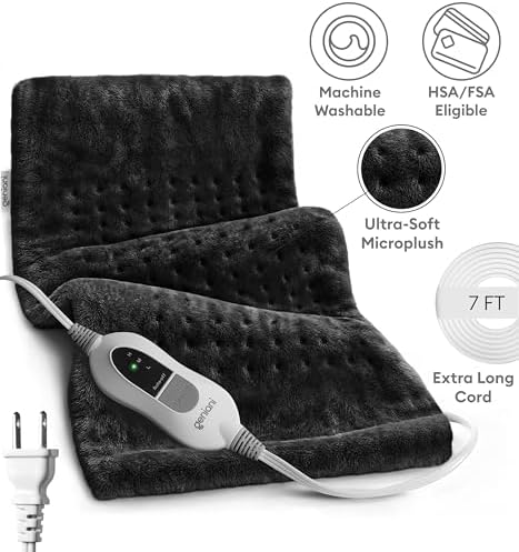GENIANI Electric Heating Pad for Back Pain & Cramps Relief, Electric Throw, Self Care Gifts for Women, Heating Pad for Neck & Shoulder, Machine Washable Microplush, Auto Shut Off (12×24", Black)
