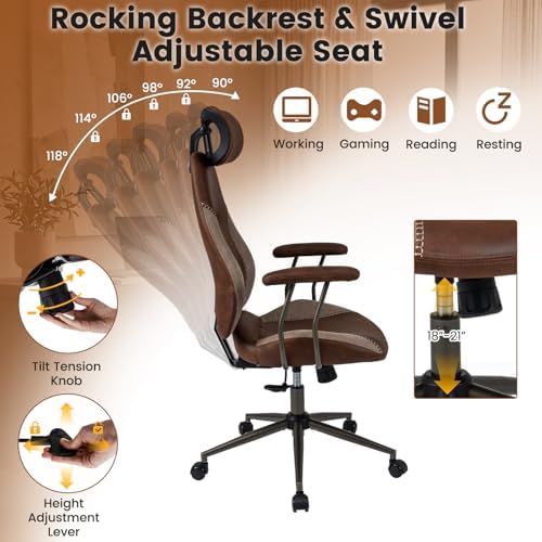 GIANTEX Ergonomic Office Chair, Mid Century Modern Faux Fur Computer Desk Chair with 2D Headrest, Rocking Backrest & Wheels, Vintage High Back Rolling Chair for Executive, Brown