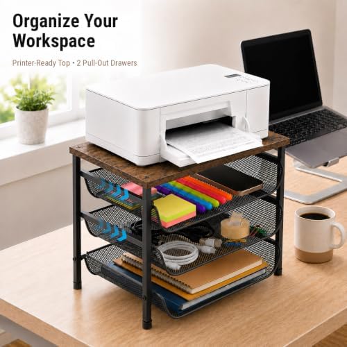 4-Tier Printer Stand with Storage for Desk, Wood Top, Black