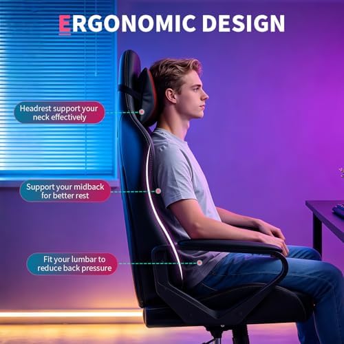 FDW Gaming Chair PU Leather Computer Chair Executive Headrest Lumbar Support Ergonomic Racing Desk Chair with Armrests 360° Swivel & Caster Five Star Metal Base for Office or Gaming