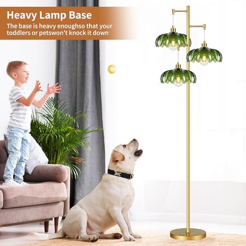 ZECOXOL Gold Floor Lamps for Living Room Bedroom-3 Light Glass Floor Lamp with Three Led Bulb,Mid Century Standing Lamp Vintage Brass Tall Lamp Tree Floor Lamp for Bedroom Corner