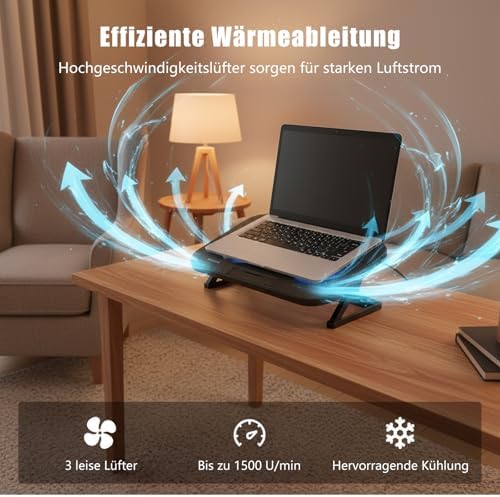 Laptop Cooling Pad with 3 Quiet Fans, 5-Level Height Adjustable Ergonomic Stand, 2 USB Ports & Phone Holder, Fits 12-17 Inch Laptops, Family-Friendly for Gaming/Work/Online Class,