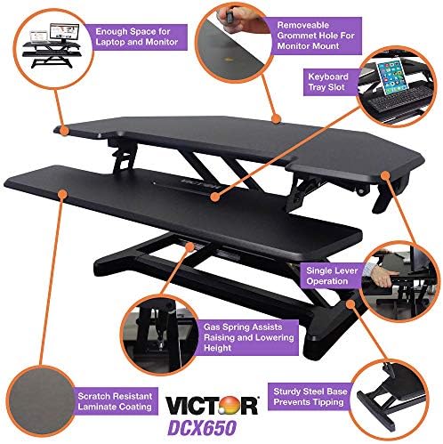 Victor High Rise 36-Inch Desk Converter, Height Adjustable Sit to Stand Riser, Dual Monitor and Laptop Workstation with Keyboard Tray, Black