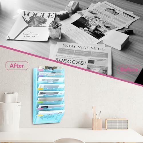 8 Pockets Mesh Wall File Holder Organizer Office Hanging File Folder Magazine Rack, Nametag Label Hooks Set Included (Blue)