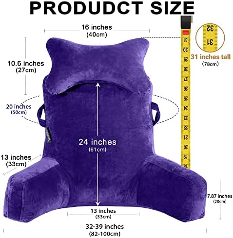 Reading Pillow-Extra Large 31" Bed Rest Pillow with Detachable Neck Roll & Arms for Sitting in Bed or Couch-Backrest Reading Pillow Adult Back Pillows for Reading/Watching TV/Gaming/Relaxing,Purple