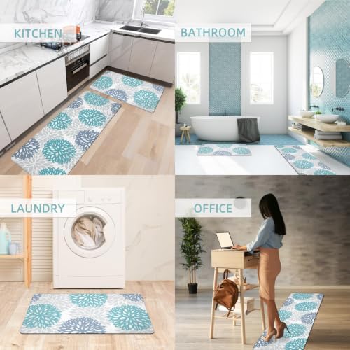 Teal Kitchen Mats Set of 2 Cushioned Anti Fatigue Kitchen Rugs Non Slip Waterproof Runner Memory Foam Kitchen Floor Mat Comfort Standing Mat for Sink,Office,Laundry