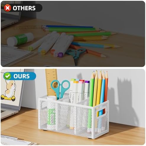 Marbrasse Mesh Pen Holder for Desk, Pencil Holder Desk Organizer 3 Adjustable Compartments, Pencil Cup with Handle Perfect for Classroom, Office, Home, Makeup, Art (White)