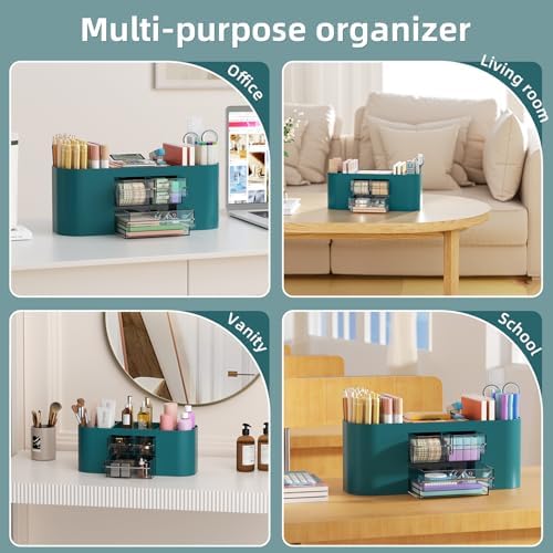Marbrasse Pen Holder for Desk with 3 Drawers, Multi-Functional Pencil Holder, Desk Organizers and Accessories with 7 Compartments for Home, School, Classroom (Dark Green)