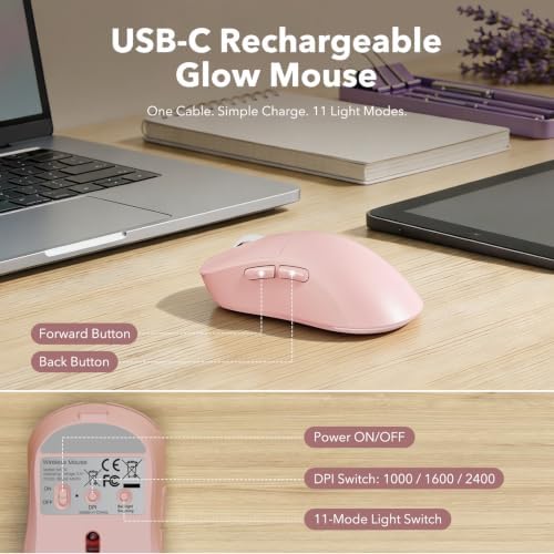 Rechargeable Backlit Wireless Keyboard and Mouse Combo, Retro Typewriter Keyboard with Magnetic Wrist Rest, Light Up Letters, 2.4GHz Cordless Connection for Mac, Windows PC, Laptop (Glowing Pink)