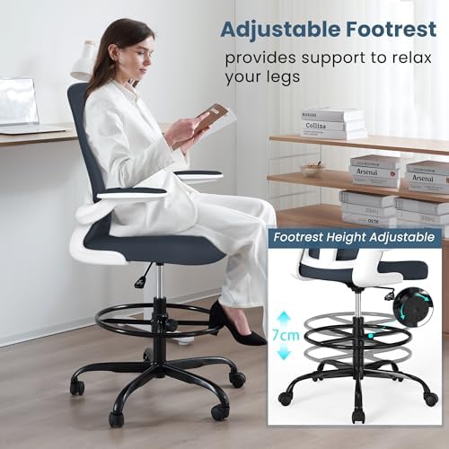 Drafting Chair, Tall Office Chair with Flip-up Armrests Executive Ergonomic Computer Standing Desk Chair, Office Drafting Chair with Lumbar Support and Adjustable Footrest Ring