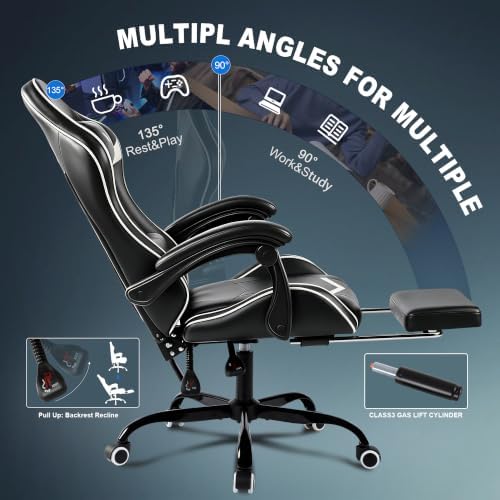 Gaming Chair for Adults with Pocket Spring Cushion Footrest White and Black