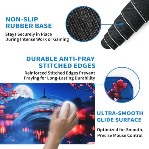 Extended Japanese Nightscape Desk Mat, XXL Large Gaming Mouse Pad, Sakura Pagoda Moon Stitched Edges Waterproof with Non-Slip Rubber Base for Computer Keyboard Laptop Work Home Office 35.4"x15.7"