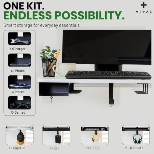 VI+AL Under Desk Laptop Mount - Hidden Metal Shelf with Side Storage, Hook & Cable Organizer - Installs with Tape & Screws - Fits Devices up to 1.7" Thick - Deluxe + LED (USB Light Strip & Remote)