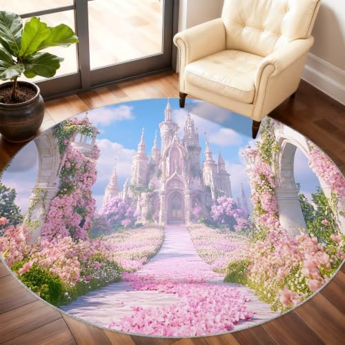 Princess Castle Round Area Rug - 3.3ft Floral Castle Round Rug for Kitchen, Dreamy Theme Circle Rugs Washable Soft Non-Slip Carpet for Bathroom Kitchen Decor Mat