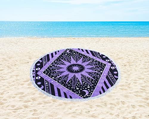 Round Beach Tapestry Turquoise Mandala Throw/Boho Hippie Beach Blanket Roundie/Indian Cotton Bohemian Large Round Table Cloth-Home Decor/Yoga Mat Meditation Picnic Rug (70", Purple)