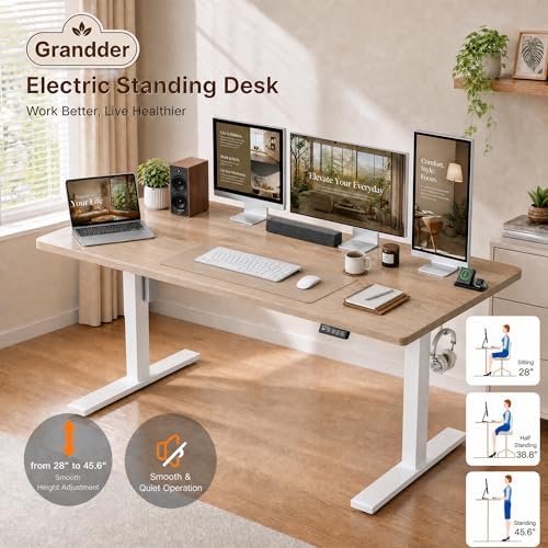 Grandder 47x32 Large Electric Standing Desk, Height Adjustable Computer Desk with 2 Memory Presets, 31.5" Deep Desktop Sit Stand Desk Home Office Desk Workstation Table with Hooks, Maple