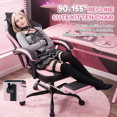 Cute Gaming Chair, Ergonomic Computer Gamer Chair, Black and Pink