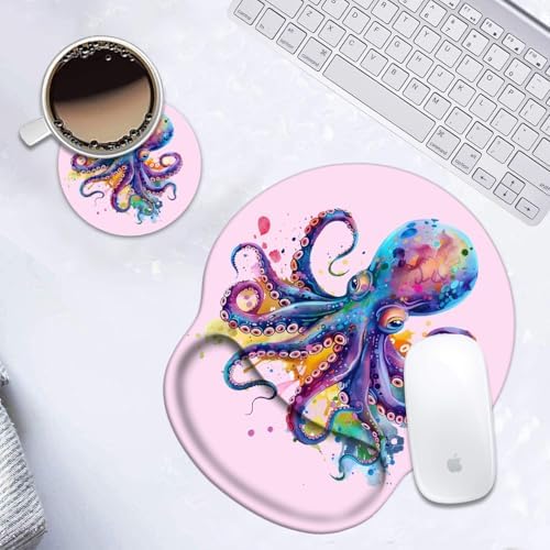 Ergonomic Mouse Pad Wrist Support and Cute Coffee Coaster, Non Slip PU Base Mouse Pad Wrist Rest for Computer, Office Gaming, Working, Easy Typing & Pain Relief, Colorful Octopus