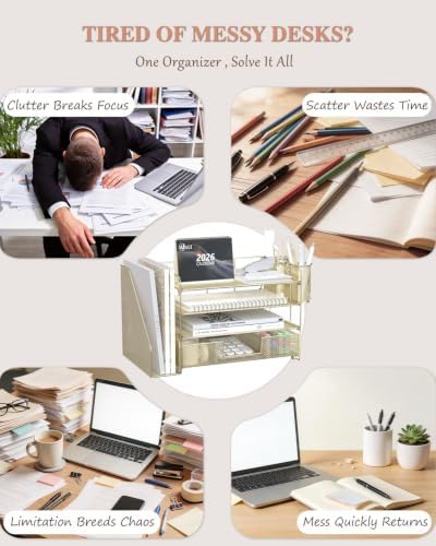 WALI Desk File Organizer, 4 Tier Desktop Paper Letter Tray Organizer with Drawer and 2 Pen Holders, Office Desk Accessories & Workspace Organizers for Office, Home, School Supplies, 1 Pack, Gold