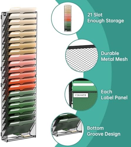 SUPEASY 21 Tier Wall File Organizer, Hanging Wall Mounted Mail Organizer with Label Slots, Metal Mesh File Holder Magazine Rack for Office, Home, School or Classroom, Black