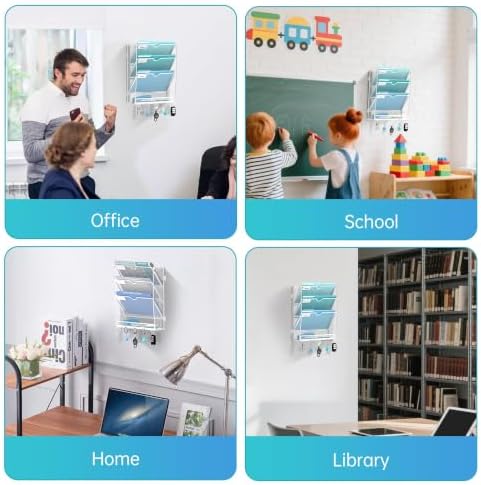 4-Tier Wall File Organizer and Mail Organizer with 5 Hooks, White