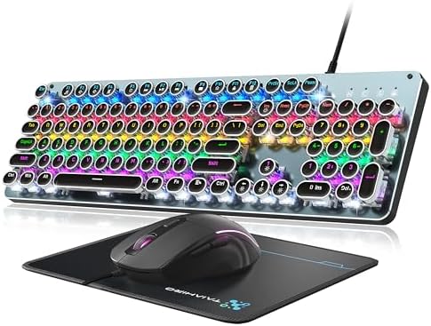 Typewriter Style Mechanical Gaming Keyboard Blue Switch, Rainbow LED Backlit Wired Computer Keyboards Mouse and Pad Combo, Metal Panel Retro Punk Round Keycaps, 104 Keys Anti-Ghost for PC Laptop Gamer