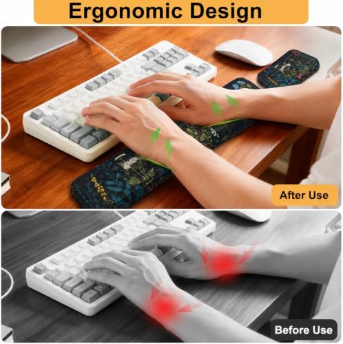 Keyboard Wrist Rest Mouse Wrist Support, Memory Foam Wrist Rest Pad for Computer Laptop, Ergonomic Wrist Cushion Support for Typing Pain Relief, Gaming Home Office, Flowers Grass