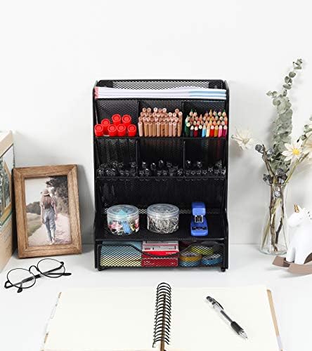 PAG-Mass Desk Organizer with Drawer Office Supplies and Accessories Storage Caddy Hanging Wall Shelf Metal Mesh Pencil Holder for Kids, 9 Compartments, Black