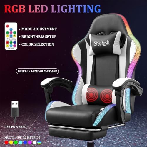 RGB Gaming Chair with Massage & Footrest, Built-in Speakers Chair