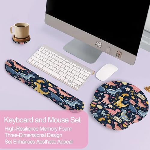 Cute Dinosaur Mouse Pad with Wrist Rest Set, 3-in-1 Wrist Support Mousepad Set, Gaming Mat Pad with Anti-Skid Base,Ergonomic Memory Foam Mouse Pad Set for Women, Office, Typing, Gaming