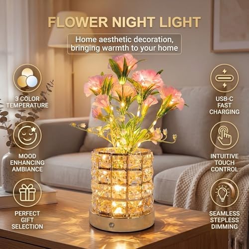 Flower Table Lamps, Rechargeable Cordless Small Desk Lamp, 3 Colors Dimmable Artificial Flowers Night Light, Fake Bouquet Carnation with Crystal Vase Gifts for Girl Women Mom (Pink - Carnation)
