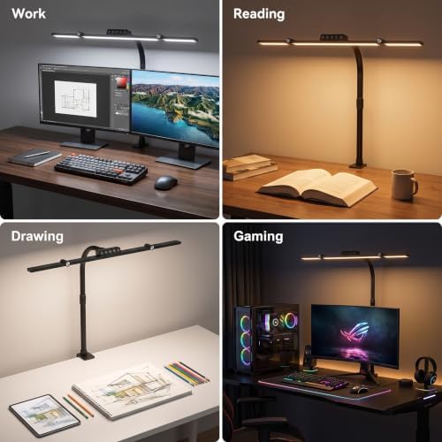 24W LED Clamp Desk Lamp, 3 Light Bars Architect Desk Light with Motion Sensor & Remote, Eye Caring Stepless Dimming Table Lamp for Home Office Study, Black