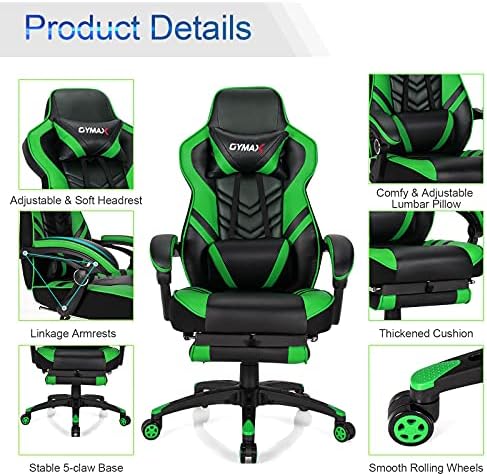 GYMAX Gaming Chair, Ergonomic Computer Chair with Footrest, Linkage Armrests & Lumbar Cushion, Big Wide High Back Video Gaming Chair, Reclining Office Rolling Chair for Adult/Teens (Green)