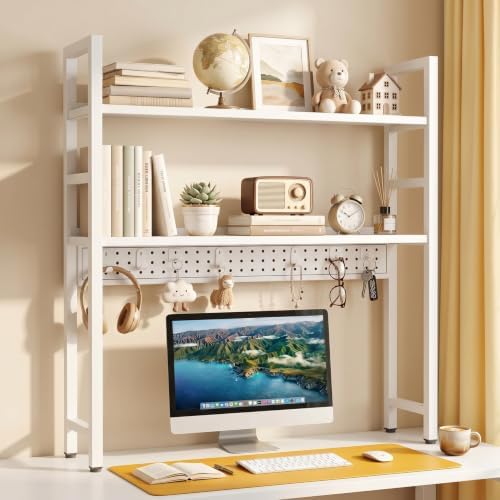 Brakki 2-Tier Desk Shelf, Desk Hutch Bookshelf with Pegboard and Hook Dorm