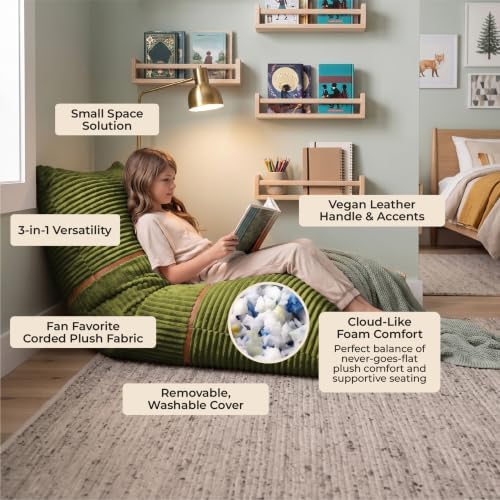 Big Joe Turnabout 3-in-1 Convertible Kids Bean Bag Chair, Moss Green
