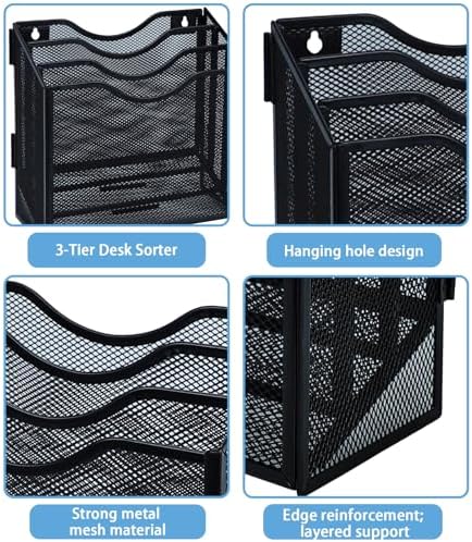 Metal Desktop File Organizer with 3 Vertical Compartments Wall Mounted Mail Paper Document Folder Holder Magazine Storage Rack for Home Office Classroom,Black