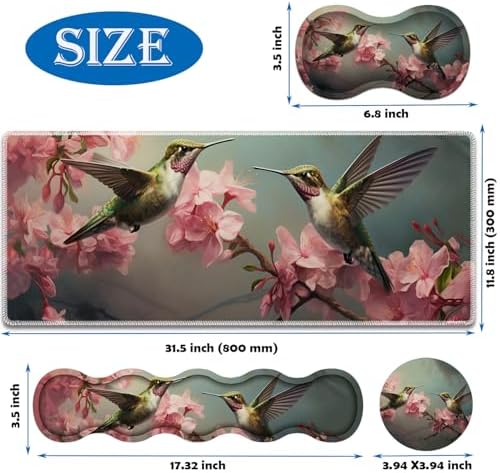 4 in 1 Mouse Pad Combo, Large Gaming Mouse Pad + Keyboard Wrist Support + Mouse Wrist Rest + Coaster, Table Pad 31.5 "x 11.8" with Memory Foam Ergonomic Wrist Pad Set, Hummingbird Flowers