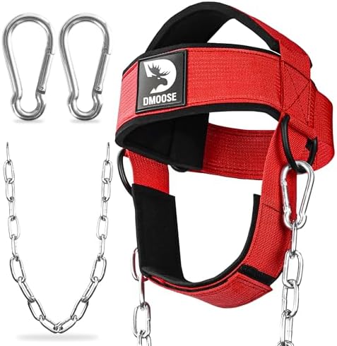 DMoose Fitness Neck Harness for Weight Lifting - Soft Padded Head & Chin Strap with 30" Heavy Duty Steel Chain - Neck Exerciser, Trainer & Strengthener to Support Injury Recovery and Intense Workouts