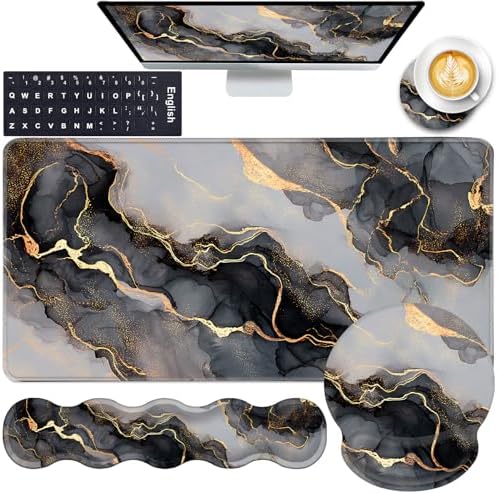 Mouse Pad,Large Pink Desk Mat, 4in1 XXL Mousepad + Keyboard Wrist Rest+Mouse Wrist Rest+Coaster Set with Ergonomic Desk Pad for Home Office Table Computer-Black Golden Marble
