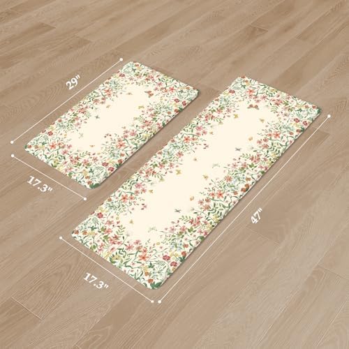 KIMODE Anti Fatigue Kitchen Mats for Floor 2 Pc, Floral Kitchen Rugs Beige